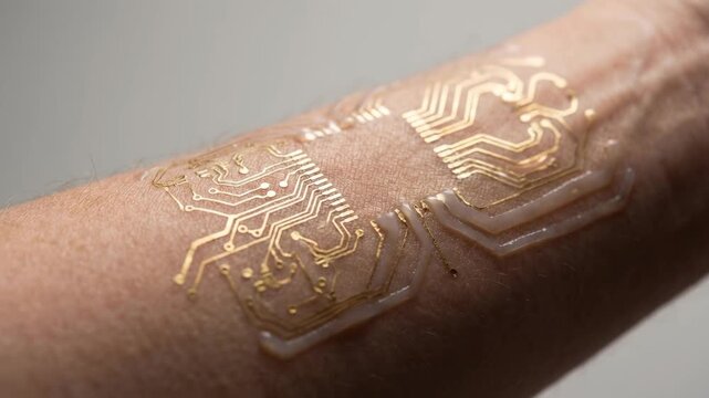 Delicate gold-toned, flexible electronic circuits are directly applied to the human skin, showcasing the convergence of technology and the body.