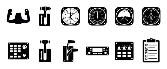 Collection of black airplane cockpit icons showing flight instruments and controls like a yoke, altimeter, throttle, and attitude indicator in a simple glyph style illustration set