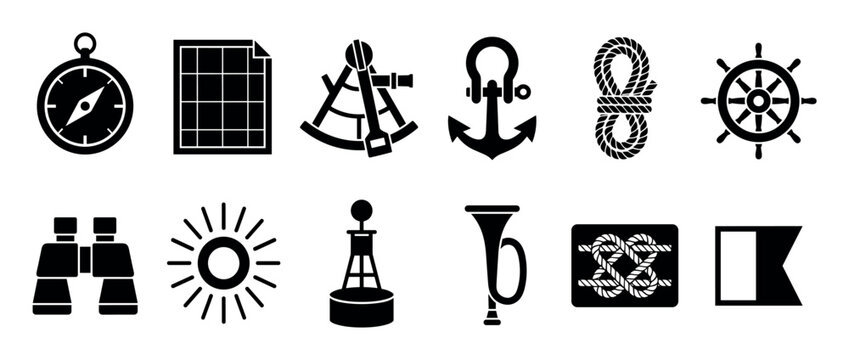 Set of black nautical and maritime icons showing navigation equipment like a compass, anchor, ship's wheel, and sextant in a simple graphic glyph style for seafaring themes
