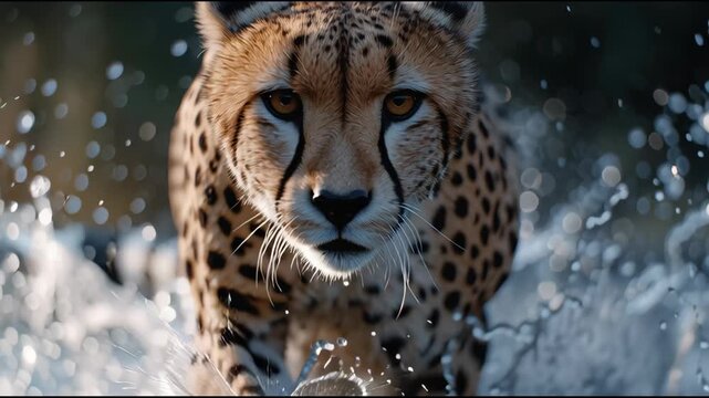 A cheetah is running through a body of water. The water is clear and calm, and the cheetah is the only animal visible. The scene is peaceful and serene