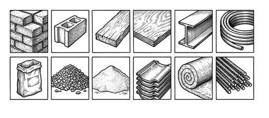 Building and construction materials icon set with brick, block, wood, plywood, steel, pipe, cement, gravel, sand, tile, insulation, and rebar in a vintage engraved illustration style