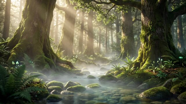 Sunlight filters through the canopy of an ancient forest, illuminating a gentle stream meandering through the moss-covered landscape. A truly evocative scene.