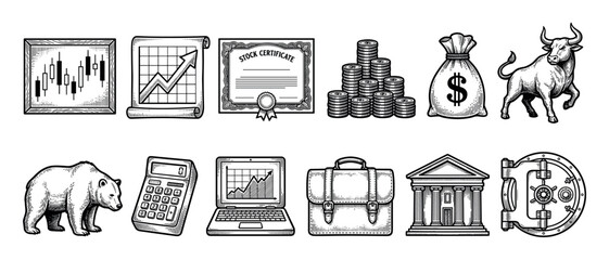 Set of twelve financial icons including a bull, bear, stock certificate, money bag, and bank vault illustrated in a detailed vintage black and white engraving style