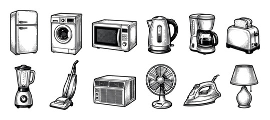 Large set of household appliances and home electronics drawn in a detailed black and white vintage engraving style, including a refrigerator, toaster, and washing machine