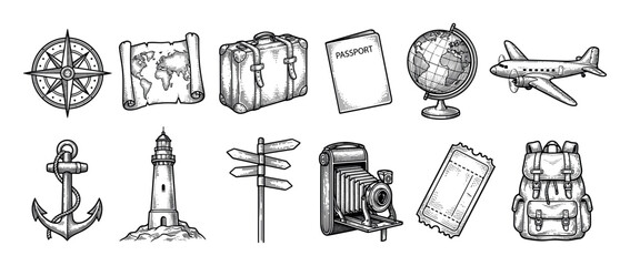 Set of vintage travel icons including a compass, map, suitcase, passport, globe, airplane, anchor, and lighthouse, rendered in a detailed black and white engraving sketch style