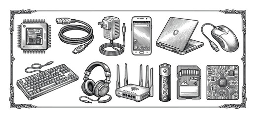 Collection of electronic devices and computer peripherals drawn in a detailed vintage engraving style, including a laptop, smartphone, microchip, router, and other digital accessories