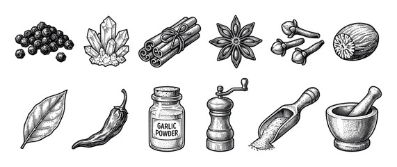 Large collection of spices and herbs including peppercorn, cinnamon, star anise, chili, and cloves with kitchen tools in a vintage black and white engraving style