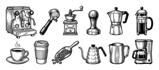 Set of hand-drawn coffee making tools and accessories in a retro woodcut style, featuring an espresso machine, manual grinder, french press, moka pot, and a steaming cup