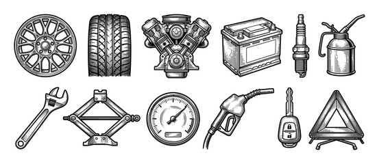 Car service and auto repair icons including a wheel, tire, engine, battery, spark plug, and wrench in a monochrome vintage hand-drawn engraving illustration style