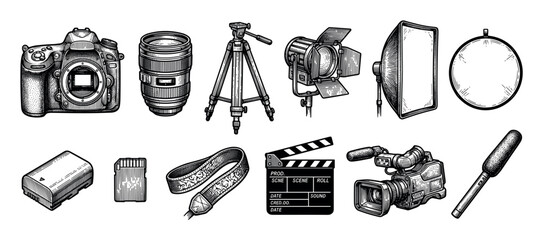 Collection of photography and videography equipment including a camera, lens, tripod, clapperboard, and studio lighting in a detailed black and white vintage engraving style