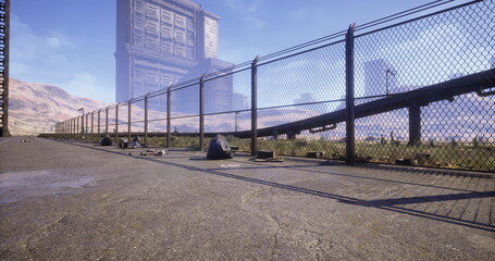 Obraz premium Empty desert pathway beside chainlink fence, cracked asphalt foreground, rusted signpost and scattered gravel, distant mountains under clear sky, harsh