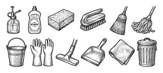 Set of vintage cleaning equipment icons including a mop, broom, bucket, gloves, sponge, and detergent bottle, drawn in a detailed black and white engraving illustration style