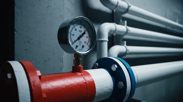 A static shot focuses on industrial pipes in a dark setting, highlighting a red, white, and blue pipe section featuring a pressure gauge that monitors the flow within the white parallel pipeline syst