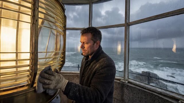 A lighthouse keeper diligently tending the intricate mechanisms of the lighthouse, with the rugged sea and stormy skies creating a dramatic backdrop. 