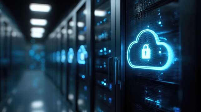 Secure cloud computing data center corridor with glowing cloud lock icon for enterprise IT infrastructure protection and modern cybersecurity concepts