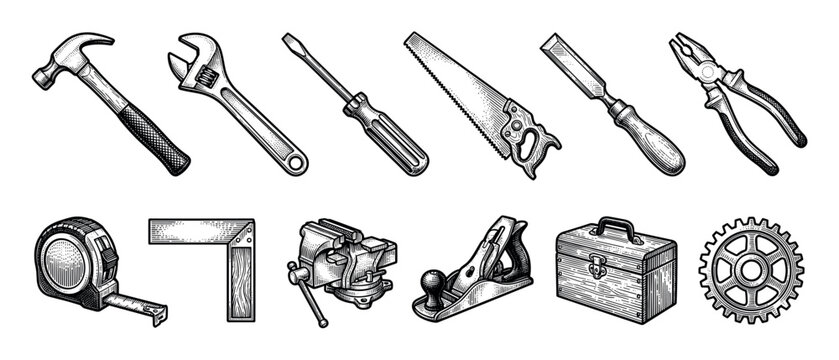 Large set of vintage carpentry and mechanic tools including a hammer, wrench, saw, and pliers, illustrated in a detailed black and white engraving woodcut style