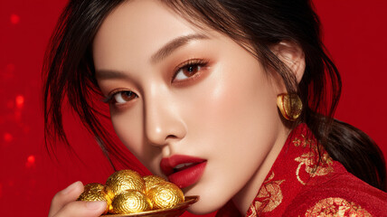 Chinese beauty model soft glamorous makeup red festive outfit glowing skin golden earring holding gold ingot