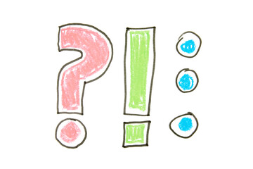hand drawn question mark and exclamation mark and three dots in red green and blue isolated on...