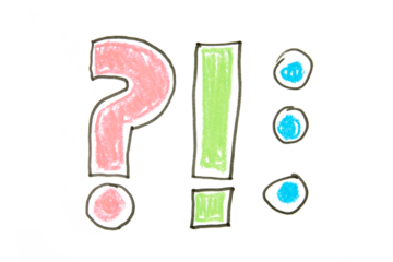 hand drawn question mark and exclamation mark and three dots in red green and blue isolated on white or transparent png