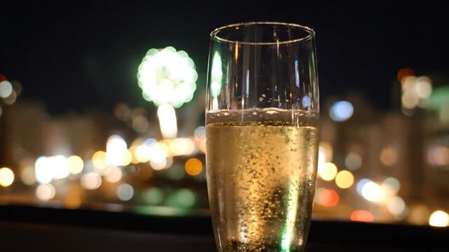 The video features a close-up of bubbling champagne in a flute, set against a nighttime cityscape bokeh. Colorful fireworks continuously erupt in the distance during this festive 8-second sequence.