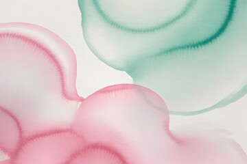 A vibrant abstract artwork featuring soft pink and green shapes on a white background
