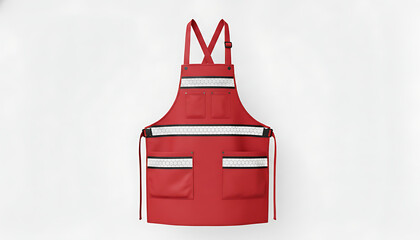Red full-coverage apron with reflective trim and multiple pockets, professional kitchen wear