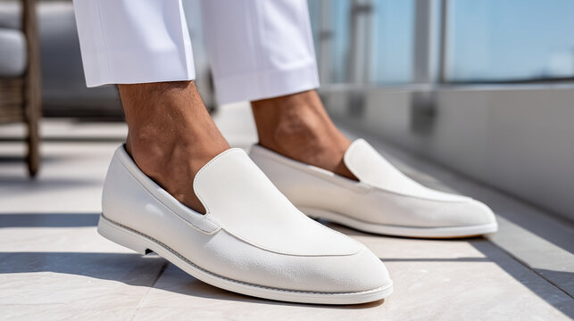 Close-up of faceless man's feet wearing premium white suede loafers and no-show socks, standing on a clean marble terrace, luxury footwear trend, bright spring light, with copy spa