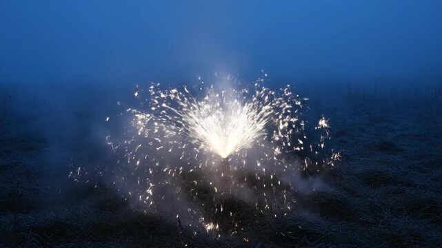 A pyrotechnic fountain erupts brightly in a dark, foggy field, showering golden sparks upward and outward for 8 seconds before slowly diminishing, leaving a cloud of white smoke over the frosty groun