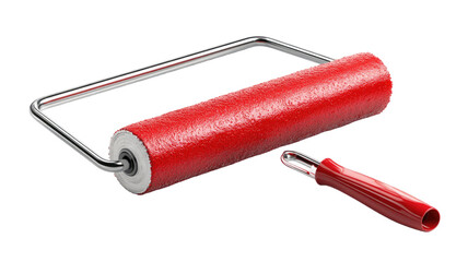 Red paint roller tool with metal frame and plastic handle home renovation wall coating isolated on white background