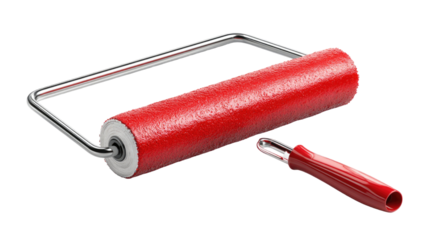 Red paint roller tool with metal frame and plastic handle home renovation wall coating isolated on white background