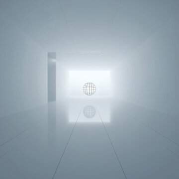 Wide Angle Shot of a Single Geometric Wireframe Sphere Floating in a White Futuristic Corridor (generative ai)