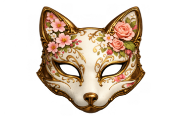 Kitsune fox mask presenting an elegant gold outline and delicate pink floral ornamentation, transparent background