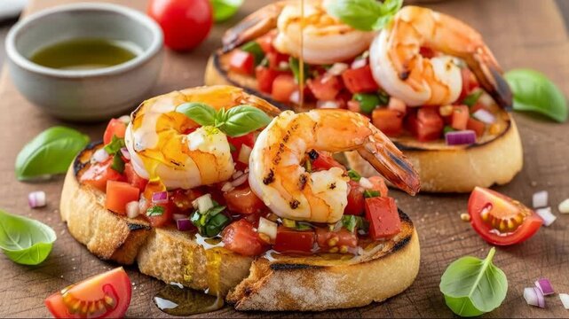 Succulent shrimp bruschetta garnished with fresh herbs on a rustic cutting board