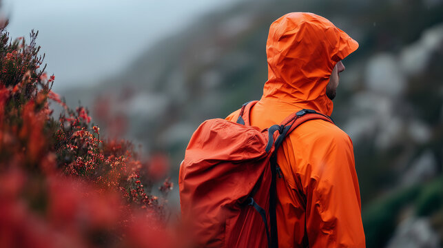 Banner faceless man in a bright orange rain jacket and hiking boots, standing on a mountain trail, outdoor adventure trend, misty spring morning, defocused nature background, with