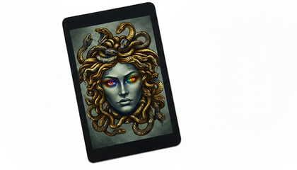 Digital illustration of Medusa with snakes for hair and rainbow eyes on a tablet screen