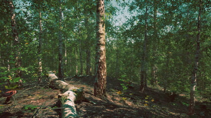 Obraz premium open birch woodland with fallen log across leafstrewn ground, sunlight filtering through canopy onto mossy bark and scattered branches, calm outdoor scene