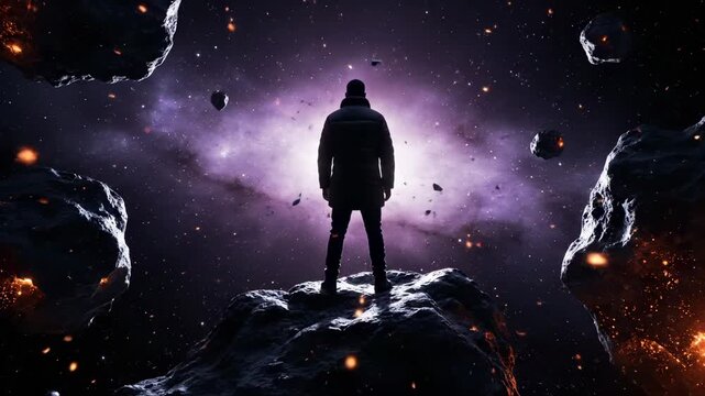 Man stands on asteroid watching nebula in deep space. Astronaut on asteroid observes galaxy with floating rocks. Man explores space from asteroid. Nebula glows behind astronaut on rock.
