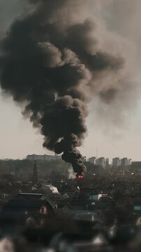 Thick black smoke rises into the sky from a burning building in the city after a rocket attack and bombing. Footage of apocalypse and fire. War and political crisis in Europe