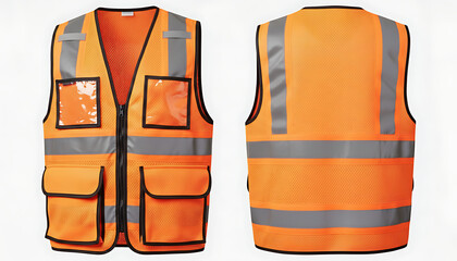 Orange high-visibility safety vest with reflective stripes and pockets, front and back view