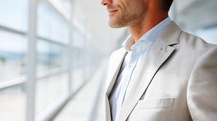 Fototapeta premium Faceless man in a professional office setting with large windows, wearing a light-colored unlined suit, modern business spring attire, bright morning light, professional atmosphere