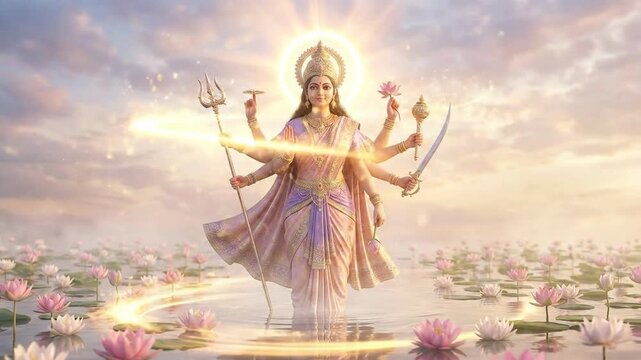 Majestic goddess durga, rendered in 3d, radiates golden light while standing on a pink lotus pond for chaitra navratri.