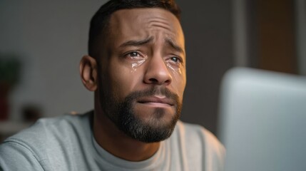 Obraz premium Emotional man with tears looking up while watching something on a laptop computer in a dimly lit room at night