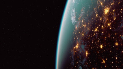 Fototapeta premium Celestial outline with fiery glow, Astronomical silhouette amid solar flare effects, Outer space depiction showcasing sunburst and shadowed planet face