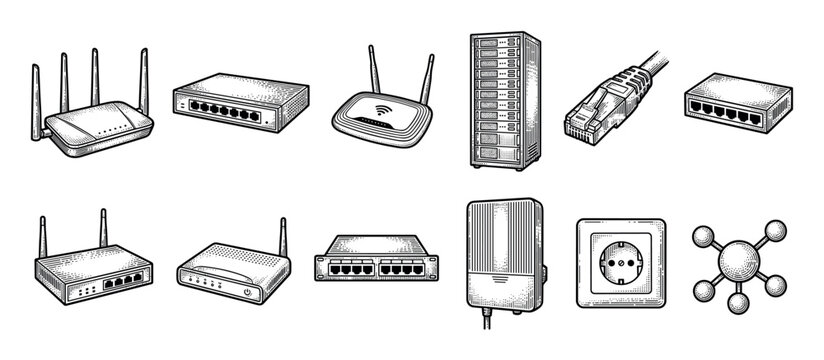 Network hardware and computer equipment collection featuring a router, switch, server, and cable, depicted in a detailed black and white vintage engraving sketch illustration style