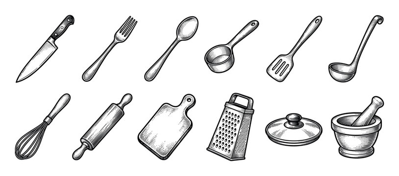 Collection of kitchen utensils illustrated in a detailed vintage engraving style, featuring a knife, fork, spoon, grater, rolling pin, and mortar with pestle