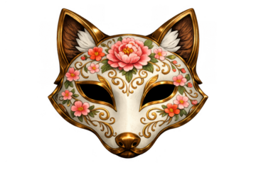 Floral kitsune mask representing japanese folklore and mysticism with golden ornate details and delicate peony blossoms