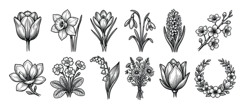 Collection of hand-drawn spring flowers in a vintage engraving style, featuring tulip, daffodil, crocus, snowdrop, hyacinth, magnolia, and cherry blossom illustrations