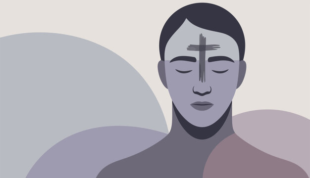 Religious person with ash cross on forehead for ash wednesday christian holiday 