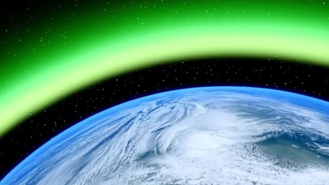 Earth's Aurora: A breathtaking view of Earth from space, with a vibrant green aurora borealis illuminating the atmosphere.