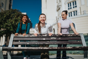 Fototapeta premium Three friends lean on a weathered bench outdoors, smiling at the camera. They stand in front of an urban building on a bright sunny day.